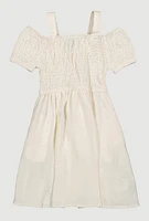 Little Girls Smocked Cold Shoulder Dress, White, Size 4