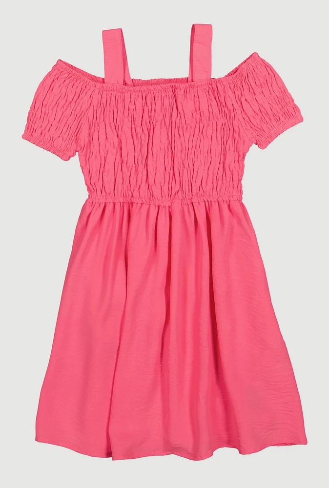 Little Girls Smocked Cold Shoulder Dress, Pink, Size 4
