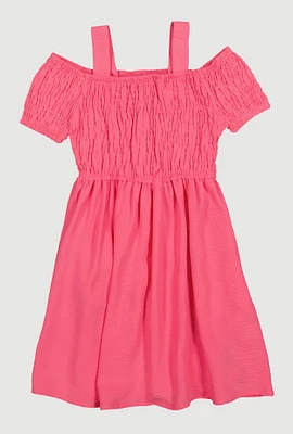 Little Girls Smocked Cold Shoulder Dress, Pink, Size 4