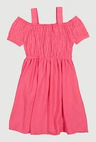 Little Girls Smocked Cold Shoulder Dress, Pink, Size 4