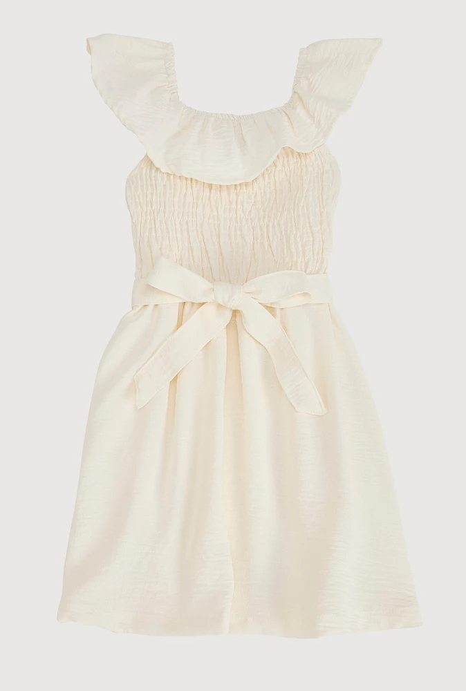 Little Girls Tie Waist Belted Smocked Skater Dress,