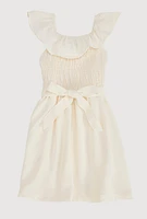 Little Girls Tie Waist Belted Smocked Skater Dress, Beige,