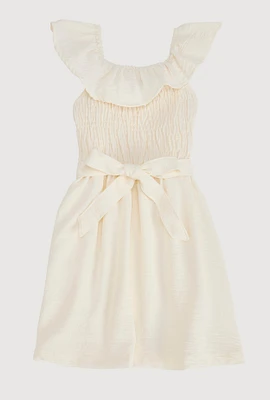 Little Girls Tie Waist Belted Smocked Skater Dress, Beige, Size 6X