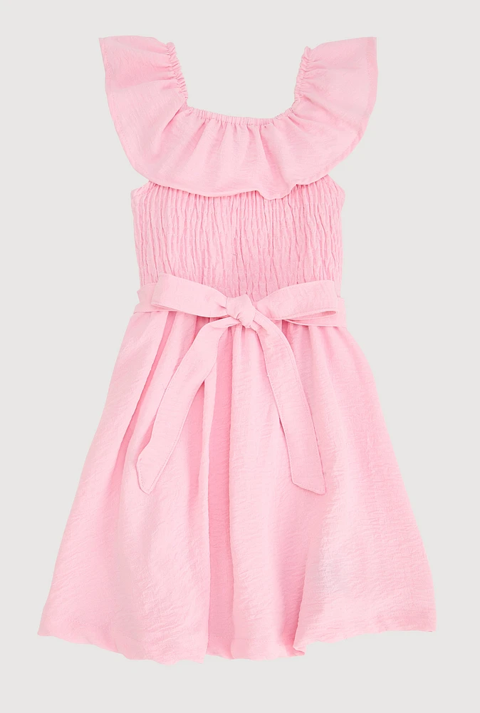 Little Girls Tie Waist Belted Smocked Skater Dress, Pink, Size 6X