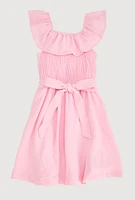 Little Girls Tie Waist Belted Smocked Skater Dress, Pink, Size 6X
