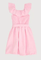 Little Girls Tie Waist Belted Smocked Skater Dress, Pink, Size 6X