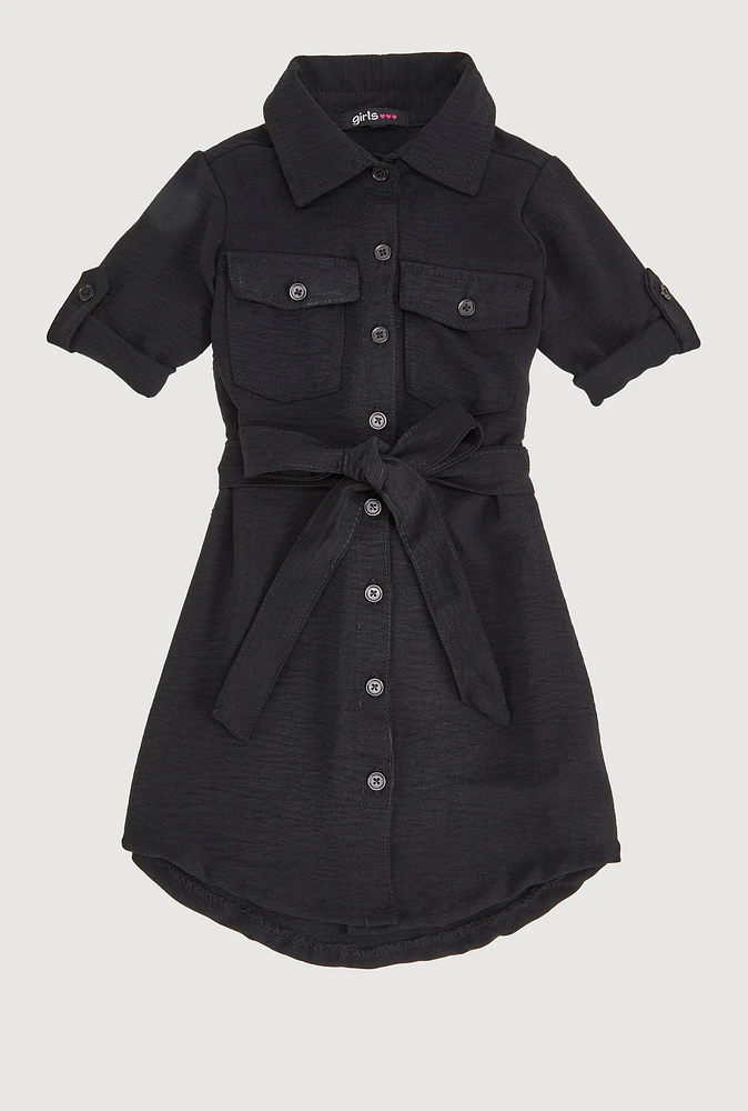 Little Girls Tie Waist Belted Shirt Dress, Black, Size 5-6