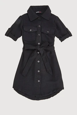 Little Girls Tie Waist Belted Shirt Dress, Black, Size 5-6
