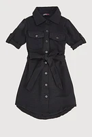 Little Girls Tie Waist Belted Shirt Dress, Black, Size 5-6