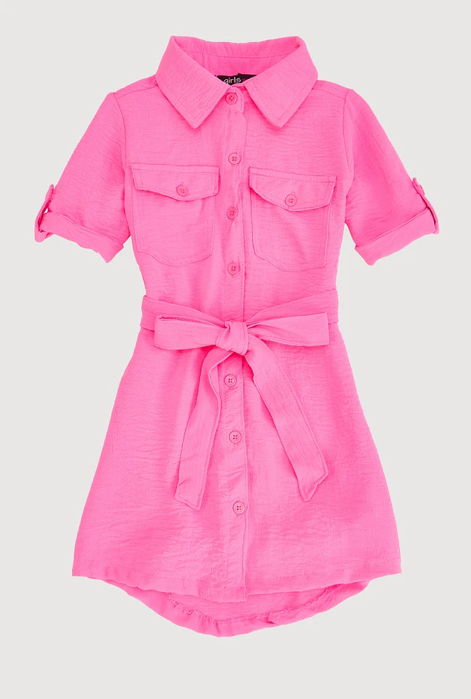Little Girls Tie Waist Belted Shirt Dress, Pink, Size 6X