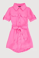 Little Girls Tie Waist Belted Shirt Dress, Pink, Size 6X