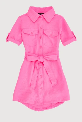 Little Girls Tie Waist Belted Shirt Dress, Pink, Size 4