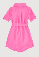 Little Girls Tie Waist Belted Shirt Dress, Pink, Size 6X