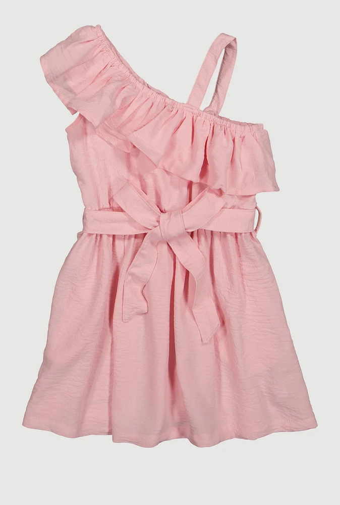 Little Girls One Shoulder Ruffled Dress,