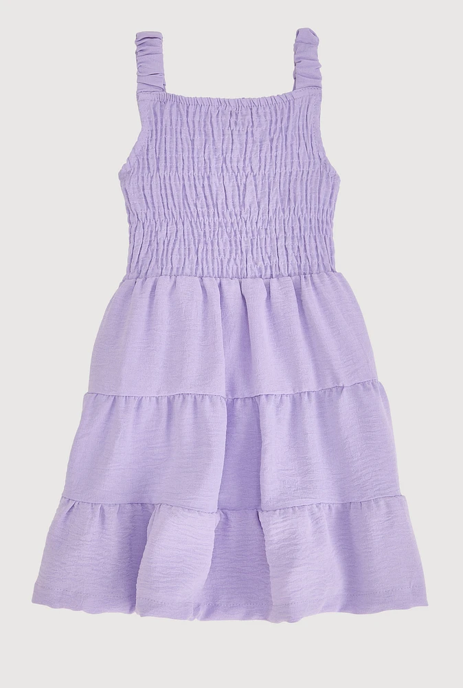 Little Girls Sleeveless Smocked Tiered Dress, Purple, Size 5-6
