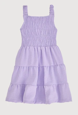 Little Girls Sleeveless Smocked Tiered Dress, Purple, Size 5-6