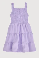Little Girls Sleeveless Smocked Tiered Dress, Purple, Size 5-6