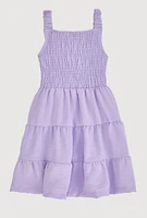 Little Girls Sleeveless Smocked Tiered Dress, Purple, Size 5-6
