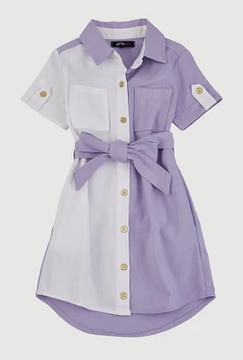 Little Girls Linen Gold Button Front Shirt Dress, Purple, Size 4