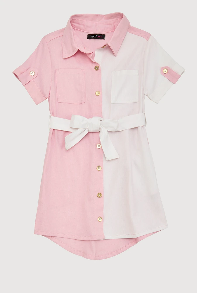 Little Girls Linen Gold Button Front Shirt Dress,