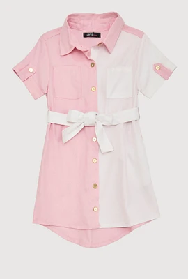 Little Girls Linen Gold Button Front Shirt Dress,