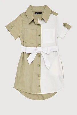 Little Girls Twill Color Blocked Shirt Dress, Green, Size 4
