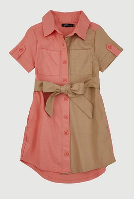 Little Girls Twill Color Blocked Shirt Dress, Orange, Size 10-12