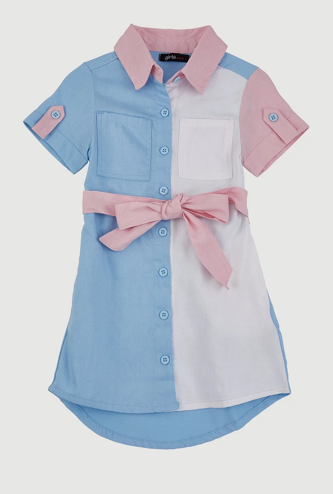 Little Girls Twill Color Blocked Shirt Dress, Blue,