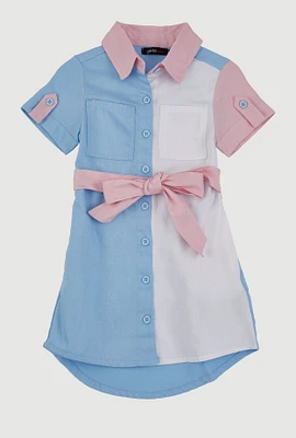 Little Girls Twill Color Blocked Shirt Dress, Blue,