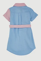 Little Girls Twill Color Blocked Shirt Dress, Blue,