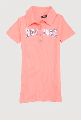Little Girls Rhinestone New York Polo Dress, Orange, Size 5-6