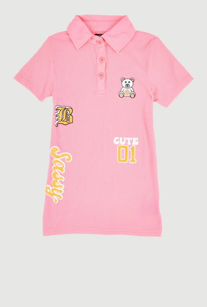 Little Girls Sassy Graphic Print Polo Dress, Pink, Size 5-6