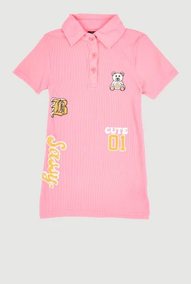 Little Girls Sassy Graphic Print Polo Dress, Pink, Size 5-6