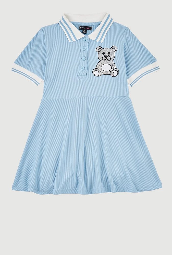 Little Girls Rhinestone Bear Graphic Skater Dress, Blue, Size 6X