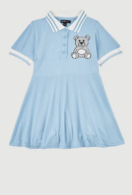 Little Girls Rhinestone Bear Graphic Skater Dress, Blue, Size 6X
