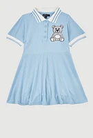 Little Girls Rhinestone Bear Graphic Skater Dress, Blue, Size 6X