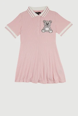 Little Girls Rhinestone Bear Graphic Skater Dress, Pink, Size 5-6