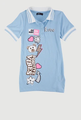Little Girls Love Graphic Print Polo Dress, Blue, Size 6X
