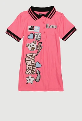 Little Girls Love Graphic Print Polo Dress, Pink, Size 6X