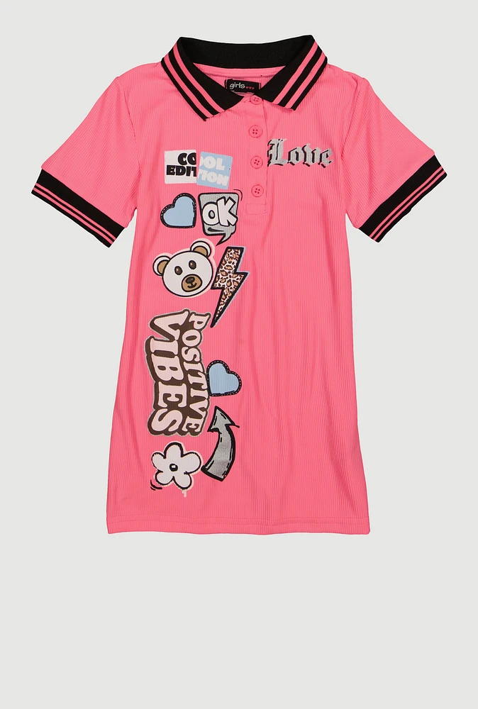 Little Girls Love Graphic Print Polo Dress, Pink,