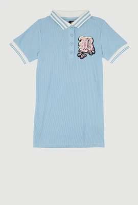 Little Girls Chenille B Initial Patch Ribbed Knit Dress, Blue, Size 5-6