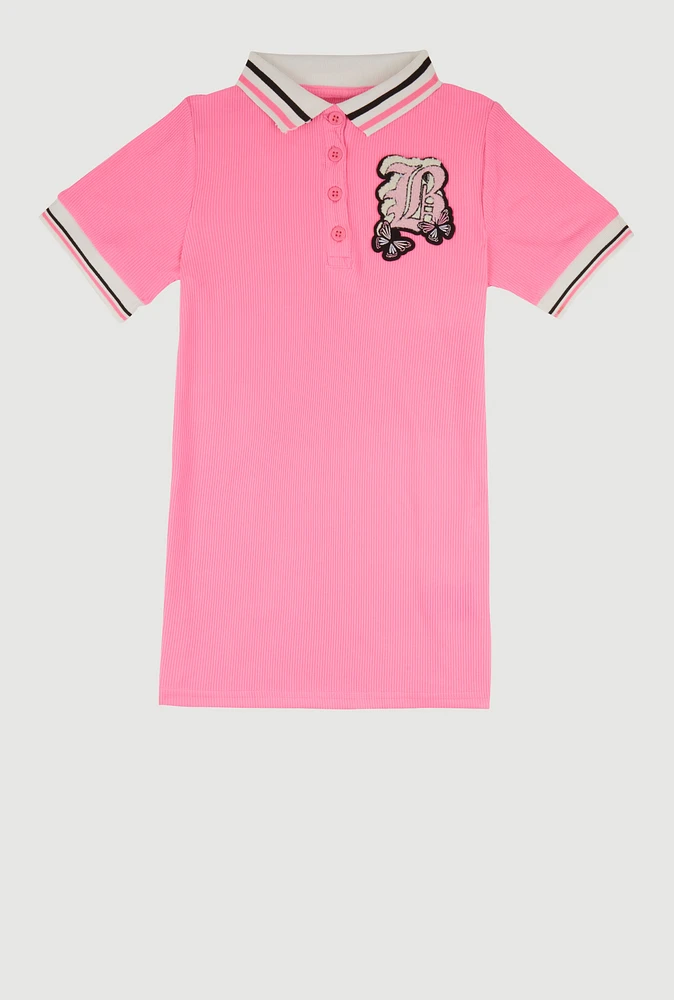 Little Girls Chenille B Initial Patch Ribbed Knit Dress, Pink,