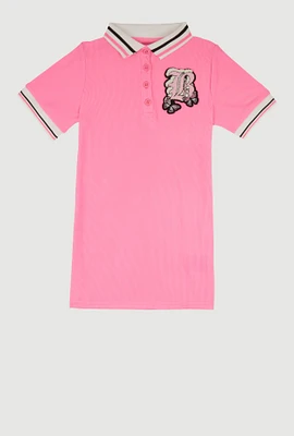 Little Girls Chenille B Initial Patch Ribbed Knit Dress, Pink,