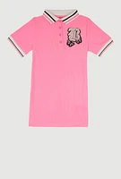 Little Girls Chenille B Initial Patch Ribbed Knit Dress, Pink,