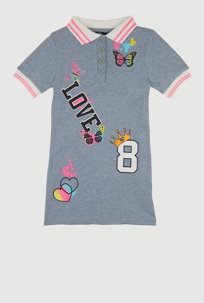 Little Girls Rib Knit Love Graphic Print Shirt Dress, Grey, Size 4
