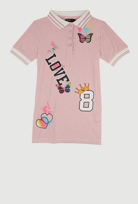 Little Girls Rib Knit Love Graphic Print Shirt Dress, Pink,