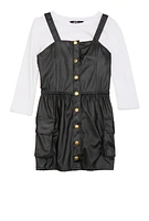 Little Girls Faux Leather Button Front Dress with Tee, Black, Size 5-6