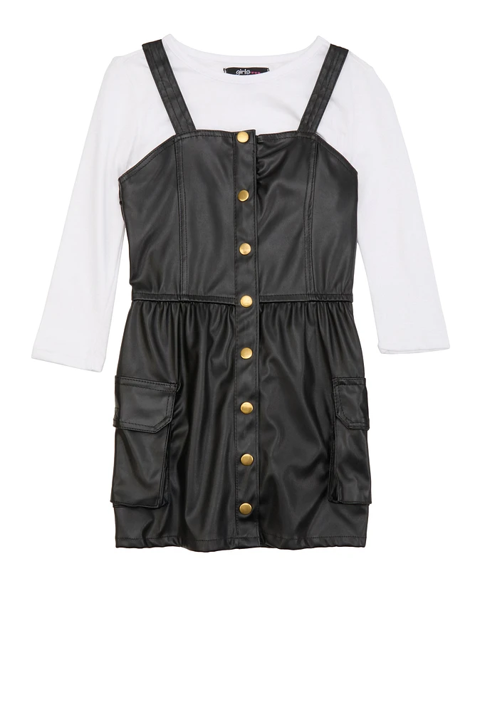Little Girls Faux Leather Button Front Dress with Tee, 6X