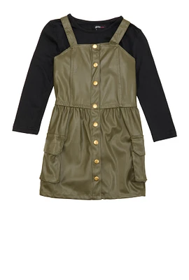 Little Girls Faux Leather Button Front Dress with Tee, Green, Size 5-6