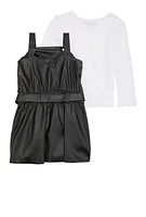 Little Girls Faux Leather Overall Dress with Tee, Black, Size 4